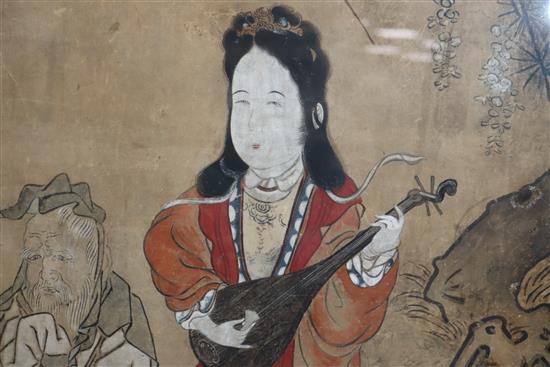 Anonymous (17th/18th century): A Chinese ink and pigment on paper panel depicting an equestrian musician